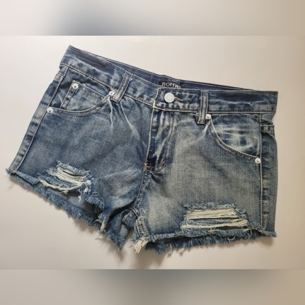 ROMWE Blue Distressed Jean Shorts with Raw Hem
